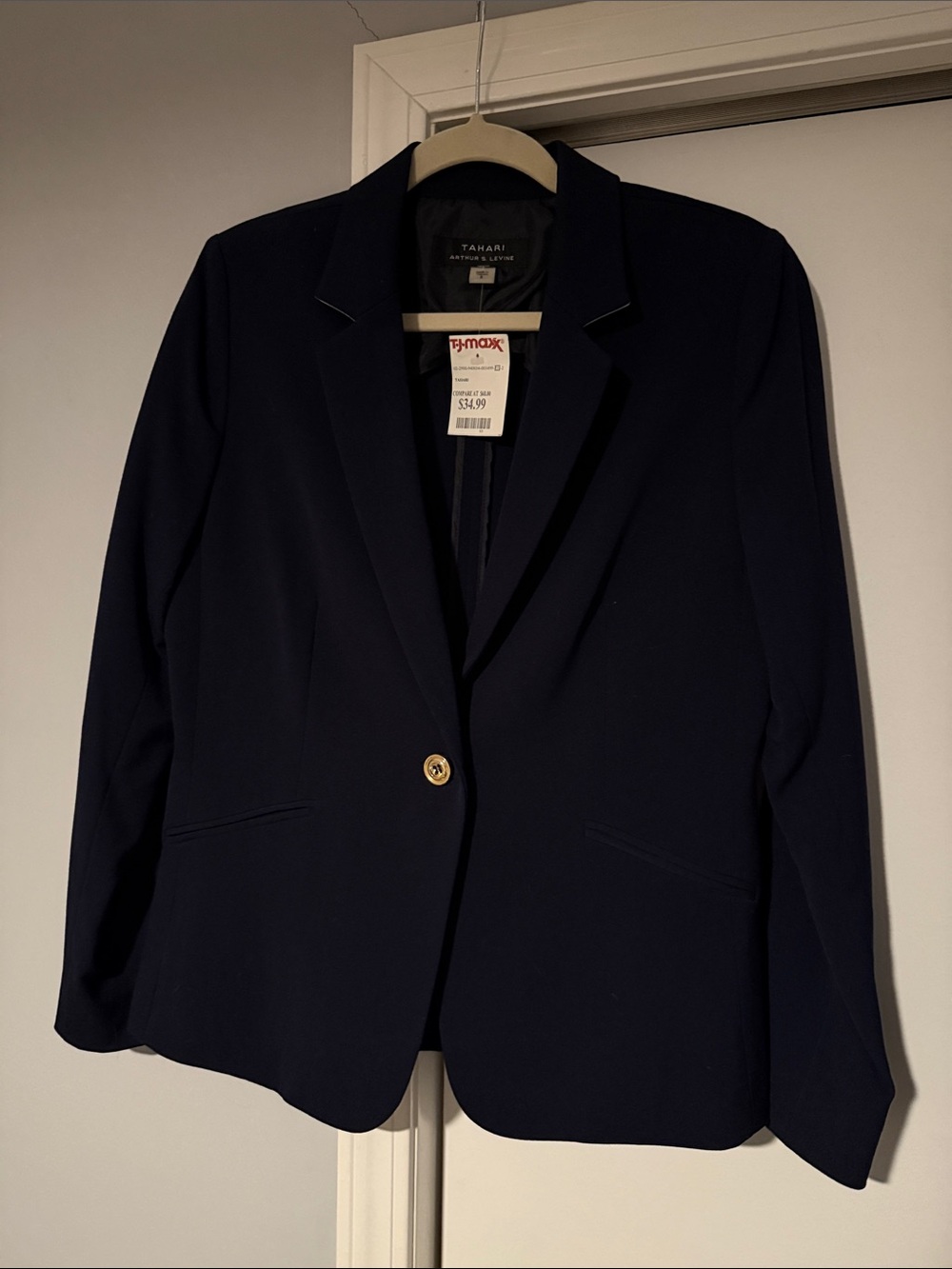 Tahari Navy Single-Button Blazer with Gold Button